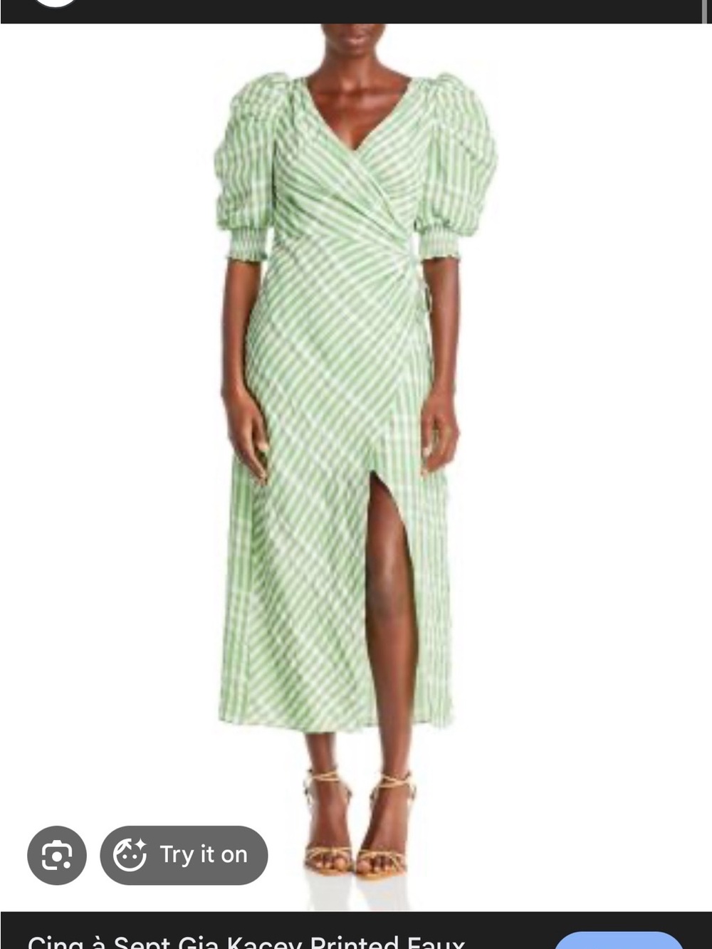 cinq a sept Green Gingham Wrap Midi Dress with Puff Sleeves and Front Slit